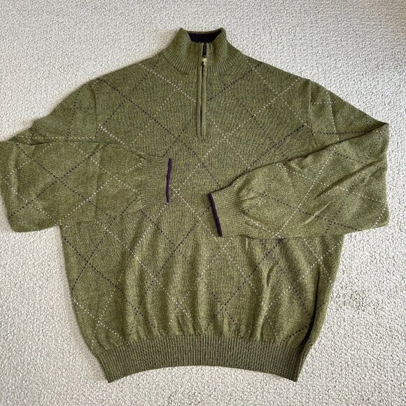 Vtg Bobby Jones Collection 1/4 Zip Merino Wool Sweater XL Green Argyle Golf - Picture 1 of 9
